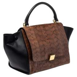Pre Owned Celine Black/Brown Python and Leather Medium Trapeze Top Handle Bag