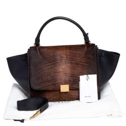 Pre Owned Celine Black/Brown Calf Hair and Leather Medium Trapeze Top Handle Bag