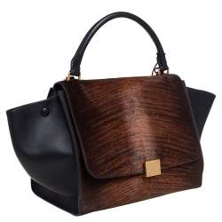 Pre Owned Celine Black/Brown Calf Hair and Leather Medium Trapeze Top Handle Bag