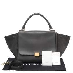 Pre Owned Celine Dark Grey Leather and Suede Medium Trapeze Top Handle Bag