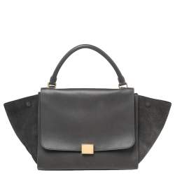 Pre Owned Celine Dark Grey Leather and Suede Medium Trapeze Top Handle Bag