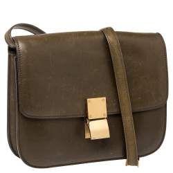 Pre Owned Celine Olive Green Leather Medium Classic Box Shoulder Bag