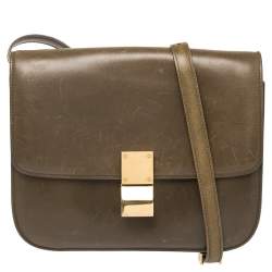 Pre Owned Celine Olive Green Leather Medium Classic Box Shoulder Bag