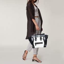 Pre Owned Celine White/Black Leather Mini Luggage Tote