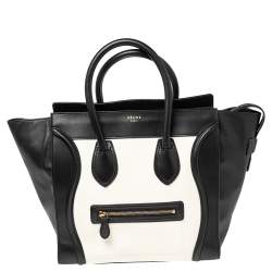 Pre Owned Celine White/Black Leather Mini Luggage Tote