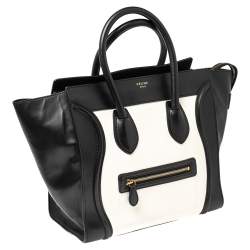 Pre Owned Celine White/Black Leather Mini Luggage Tote
