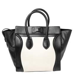 Pre Owned Celine White/Black Leather Mini Luggage Tote