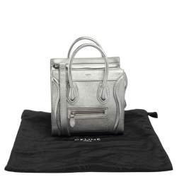 Pre Owned Céline Metallic Silver Leather Nano Luggage Tote