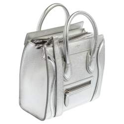Pre Owned Céline Metallic Silver Leather Nano Luggage Tote