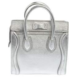 Pre Owned Céline Metallic Silver Leather Nano Luggage Tote