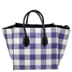 Pre Owned Celine Tri Color Gingham Woven Straw and Leather Medium Phantom Luggage Tote
