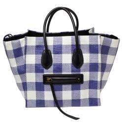 Pre Owned Celine Tri Color Gingham Woven Straw and Leather Medium Phantom Luggage Tote