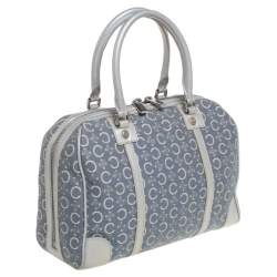 Pre Owned Celine Silver/Blue Macadam Fabric and Leather Satchel