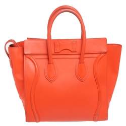 Pre Owned Celine Neon Orange Leather Mini Luggage Tote