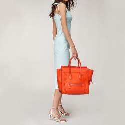 Pre Owned Celine Neon Orange Leather Mini Luggage Tote