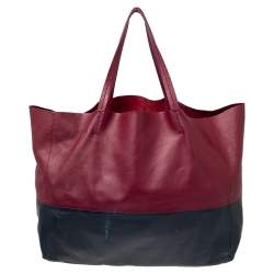 Pre Owned Celine Burgundy/Navy Blue Leather Horizontal Cabas Tote