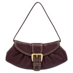 Pre Owned Celine Burgundy Leather Small Buckle Flap Baguette 