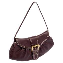 Pre Owned Celine Burgundy Leather Small Buckle Flap Baguette 