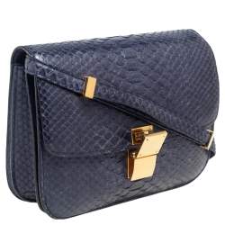 Celine Navy Blue Python Medium Classic Box Shoulder Bag