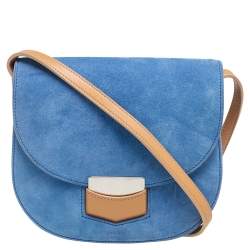 Pre Owned Celine Blue/Tan Suede and Leather Small Trotteur Crossbody Bag
