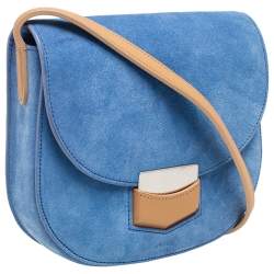Pre Owned Celine Blue/Tan Suede and Leather Small Trotteur Crossbody Bag
