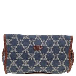 Pre Owned Celine Blue/Brown Macadam Denim And Leather Studded Clutch