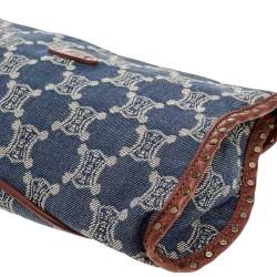 Pre Owned Celine Blue/Brown Macadam Denim And Leather Studded Clutch