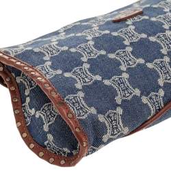Pre Owned Celine Blue/Brown Macadam Denim And Leather Studded Clutch