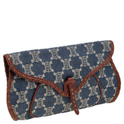 Pre Owned Celine Blue/Brown Macadam Denim And Leather Studded Clutch