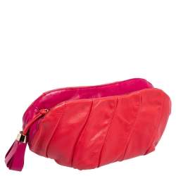 Pre Owned Celine Red/Fuchsia Pleated Leather Clutch