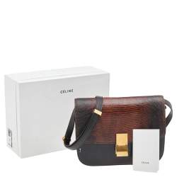 Pre Owned Celine Dark Brown Lizard And Leather Medium Classic Box Shoulder Bag