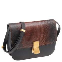 Pre Owned Celine Dark Brown Lizard And Leather Medium Classic Box Shoulder Bag