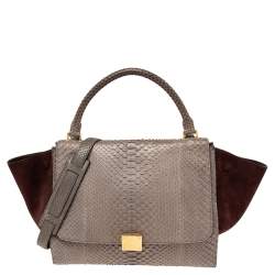 Pre Owned Celine Burgundy/Grey Python and Suede Medium Trapeze Top Handle Bag
