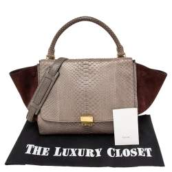Pre Owned Celine Burgundy/Grey Python and Suede Medium Trapeze Top Handle Bag