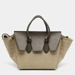 Pre Owned Celine Khaki Croc Embossed Leather Small Tie Knot Tote