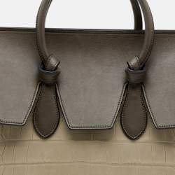 Pre Owned Celine Khaki Croc Embossed Leather Small Tie Knot Tote