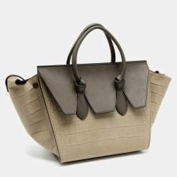 Pre Owned Celine Khaki Croc Embossed Leather Small Tie Knot Tote