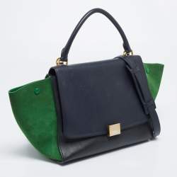 Celine Navy Blue/Green Leather and Suede Medium Trapeze Top Handle Bag