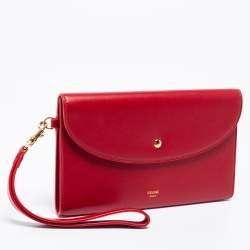 Pre Owned Celine Red Leather Flap Wristlet Clutch