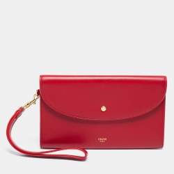 Pre Owned Celine Red Leather Flap Wristlet Clutch