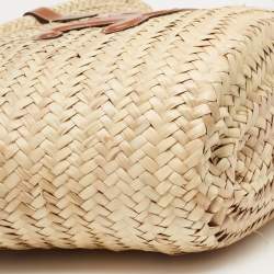 Pre Owned Celine Brown/Cream Woven Raffia and Leather Triomphe Basket Tote