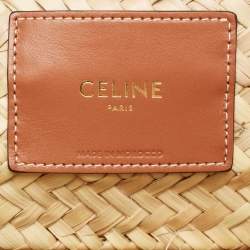 Pre Owned Celine Brown/Cream Woven Raffia and Leather Triomphe Basket Tote