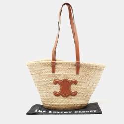 Pre Owned Celine Brown/Cream Woven Raffia and Leather Triomphe Basket Tote