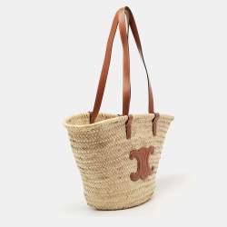 Pre Owned Celine Brown/Cream Woven Raffia and Leather Triomphe Basket Tote