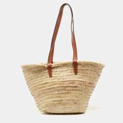 Pre Owned Celine Brown/Cream Woven Raffia and Leather Triomphe Basket Tote