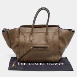 Pre Owned Celine Olive Green Leather Medium Phantom Luggage Tote