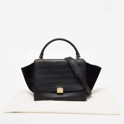 Pre Owned Celine Black Croc Embossed, Leather and Suede Medium Trapeze Bag