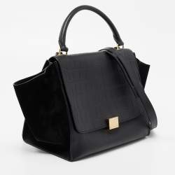 Pre Owned Celine Black Croc Embossed, Leather and Suede Medium Trapeze Bag