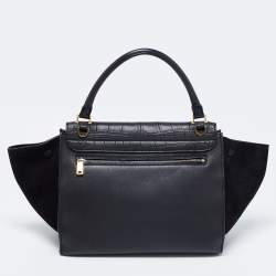 Pre Owned Celine Black Croc Embossed, Leather and Suede Medium Trapeze Bag