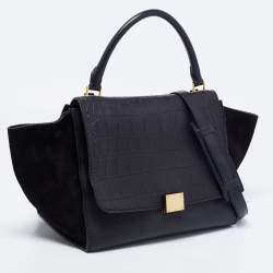 Pre Owned Celine Black Croc Embossed, Leather and Suede Medium Trapeze Bag